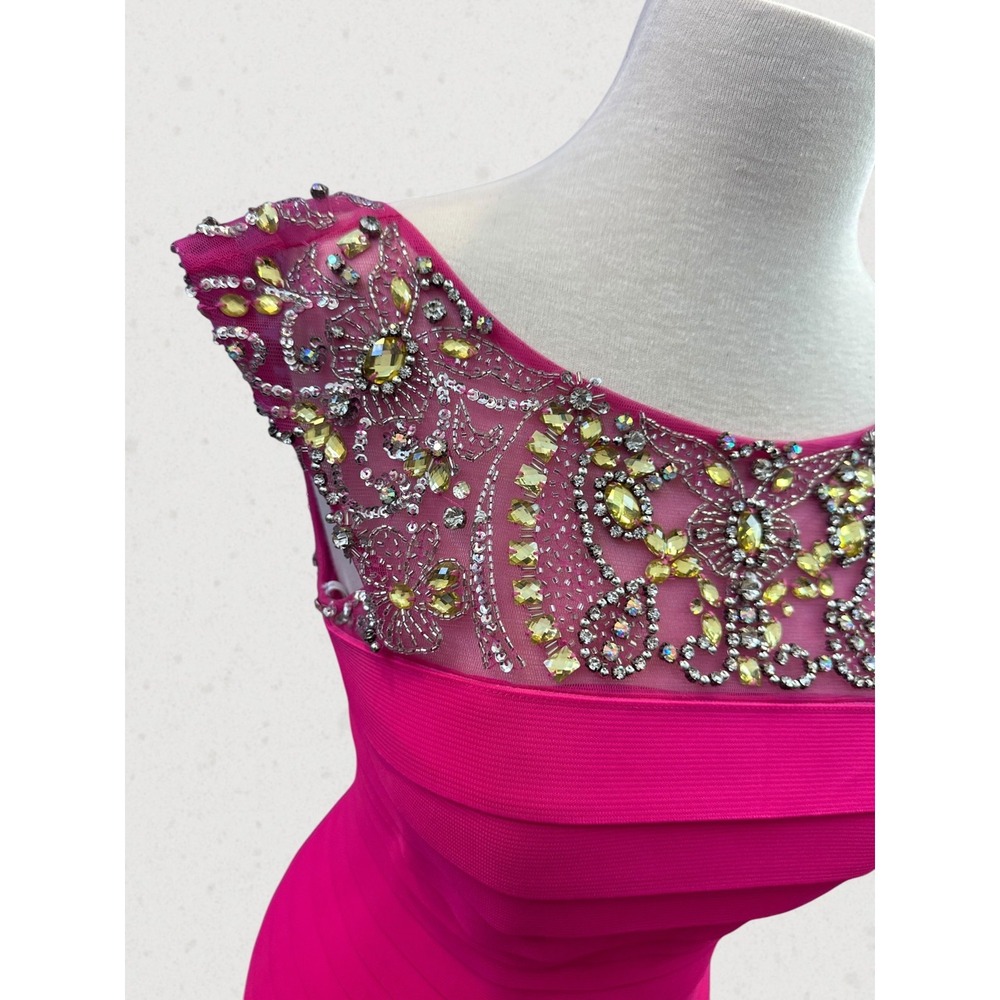 Sherri Hill Hot Pink Bandage Dress Size 4 Beaded Rhinestone Cocktail Prom Party - Picture 3 of 16